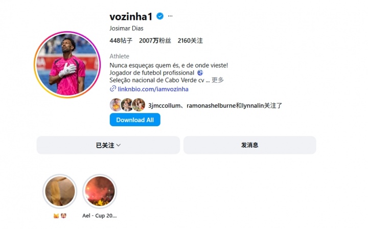 佛得角门将沃齐尼亚社媒粉丝数破2000万，超越欧文仅次詹库威