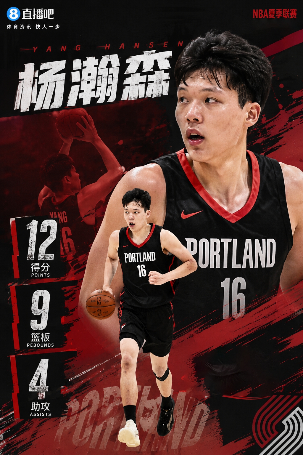 杨瀚森夏季联赛首秀12+9+4，开拓者2分惜败太阳
