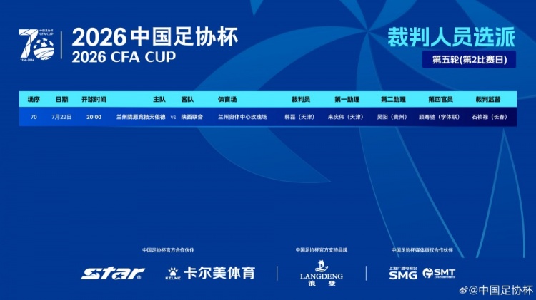 足协杯第五轮韩磊主哨兰州陇原竞技vs陕西联合 无VAR