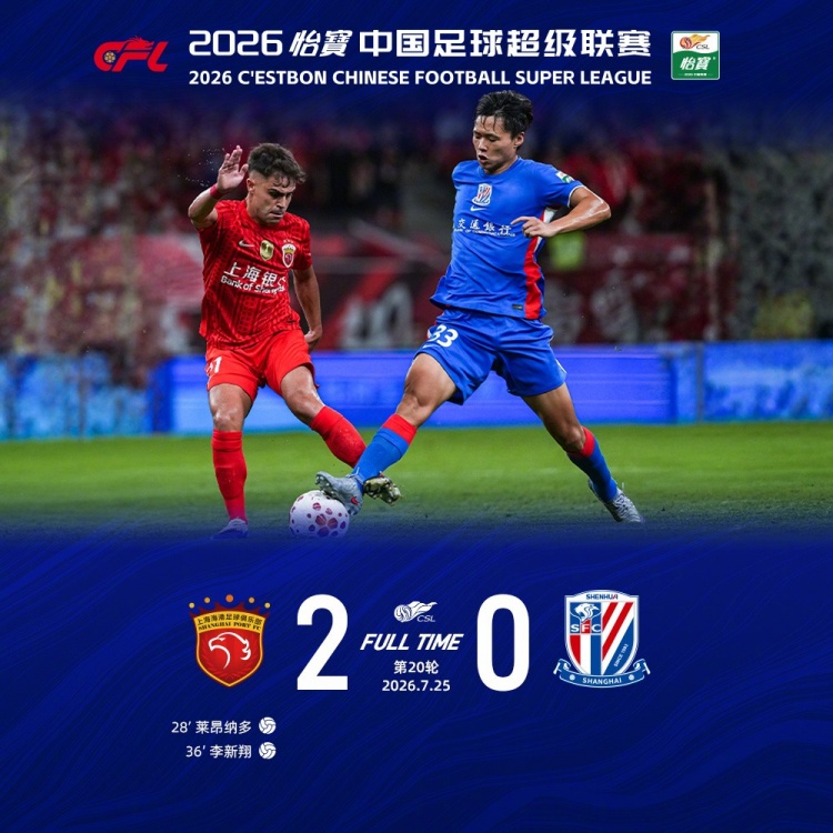 莱昂纳多闪击李新翔破门 上海海港2-0力克申花德比