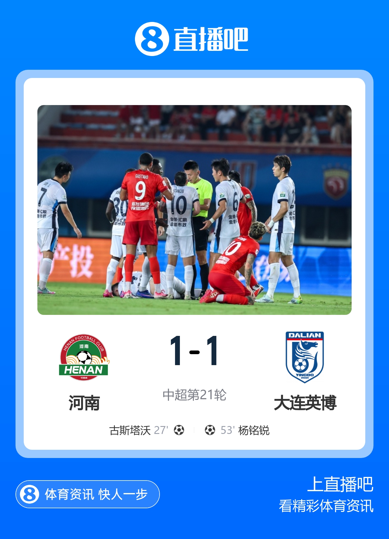 大连英博客场1-1河南升至第三 古斯塔沃破门杨铭锐替补扳平 大连英博客场1-1河南升至第三 古斯塔沃破门杨铭锐替补扳平